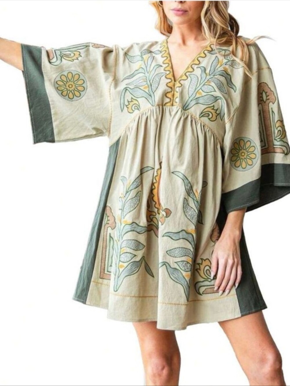 Bohemian Embroidered V-Neck Tunic Dress - Sage/Beige